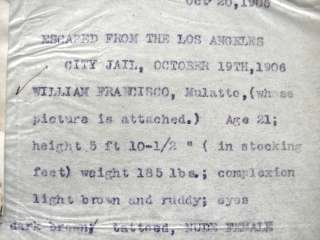 Los Angeles California Police Dept 1906 Mulatto Jail Escapee Wanted 