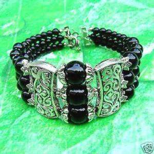WOW Beautiful Tibet Jewelry Silver Black Jade bead Bracelet     FREE 
