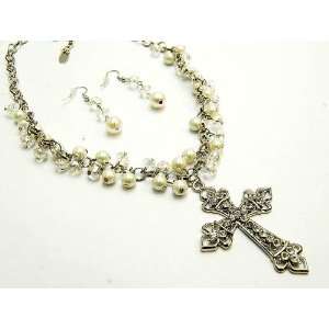 Crystal Studs Cross Pendant with Pearl and Glass Beads 