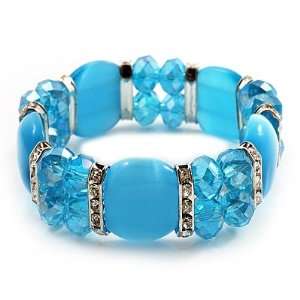  Sky Blue Cat Eye Glass Bead Flex Bracelet  18cm Length 