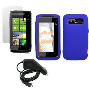 HTC 7 TROPHY T8686 BLUE SILICONE CASE, RAPID CAR CHARGER, LCD SCREEN 