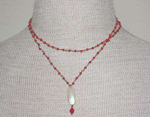 Vintage Vibrant Red Glass Bead Two Tiered / Muti Layer Necklace W/MOP 