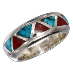   Shaped Turquoise and Coral Inlay Wedding Band (size 04). Jewelry