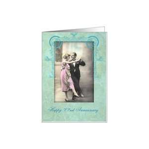   wedding anniversary, vintage dancing couple, pink and turquoise Card