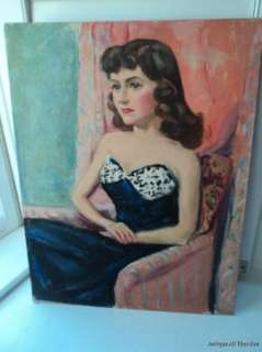 VINTAGE 1950s Portrait Woman w/ Brown Curly Hair & Strapless GOWN 