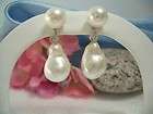 diamonds South Sea white pearl dangle earrings 14k WG  