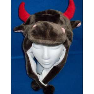 Brown Bull Red Horns Animal Hat Warm Plush Fleece Winter Ski Cap Ear 