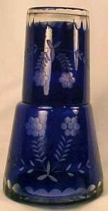 Beautiful Vtg COBALT BLUE FLOWERS TUMBLE UP GLASS DECANTER Bohemian 