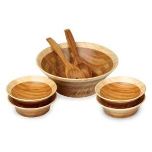 Bamboo Grand Flute Serving Bowl Set with Servers and Side Salad Bowls 