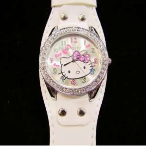  Hello Kitty Watch (White Wide Band) Watch with Rhinestone 