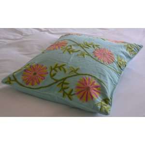  Crewel Pillow Sunflower VineAqua Cotton Duck Standard 