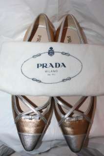 PRADA Women Metallic Gold Pointy Flat Ballet Shoes 8.5  