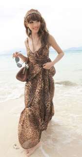 Womens Summer Beach Party Long Dress Spaghetti Strap Leopard Chiffon 
