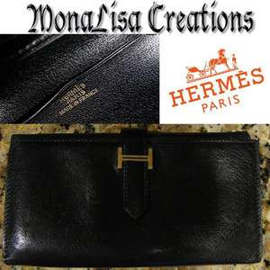 HERMES PARIS Bearn Long Wallet RARE TRIFOLD Black Box Leather Iconic 