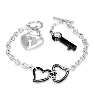 Stainless Steel Double Love Heart Padlock Key Womens Toggle Clasp 