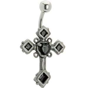  Black Gem Gothic Heart Cross Belly Ring Jewelry