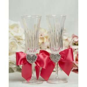  Crystal Heart Toasting Flutes with Choice of Accent Color 