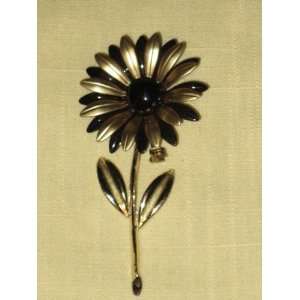  Vintage Gold & Black Flower Power Enamel Brooch Pin (not 