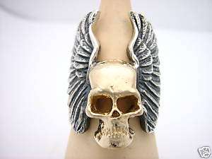 Sterling Silver + 10 K Gold Skull with Angel Wings Ring  