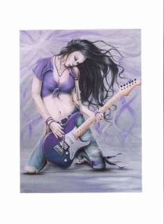   5x7 handmade rock and roll pinup girl purple guitar black hair  