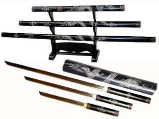 3pc Black Dragon Ninja Sword Set, Carved Wood Scabbards  