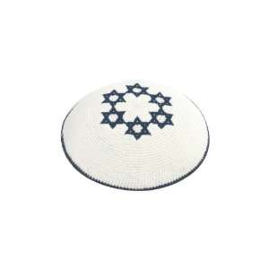   16.5 Centimeter White Knitted Kippah with Navy Blue Border and Pattern