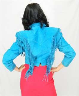 VINTAGE Aqua Blue SCULLY Long Braided FRINGE Suede Leather CROPPED 