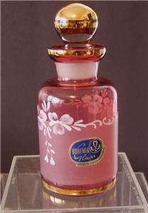 Bohemia Art Glass Cranberry Perfume Bottle Frosted Glass Floral Gold 