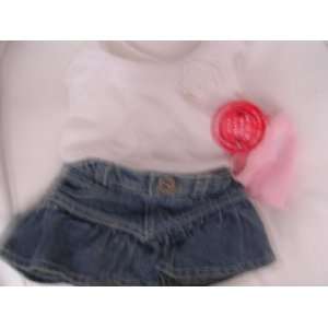 Build a Bear Doll Clothing ; Denim Skirt, White Shirt, Pink Underpants