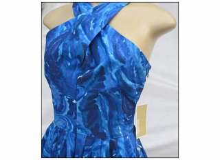 NEW Michael Kors Watercolor Surf Blue Classic Crossover Halter Dress 