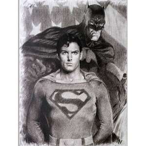 Superman and Batman Sketch Portrait, Charcoal Graphite Pencil Drawing 