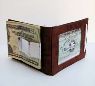 BROWN LEATHER Bifold MONEY CLIP Credit ID Wallet Holder  