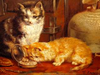 American Kittens Cats Still Life Portrait Interior Scene Oil Painting 