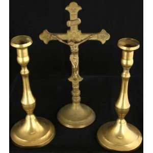 Vintage French Standing Crucifix Pair Candlesticks 