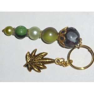    Handcrafted Bead Key Fob   Black, Green/Gold/Leaf 