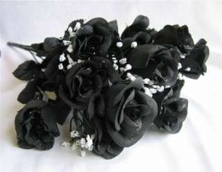   BLACK Long Stem Silk Roses Buds Wedding Bridal Rose Bouquet  