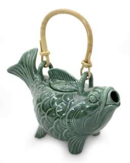 LUCKY KOI Bali HANDMADE Art Ceramic FISH Teapot Novica  