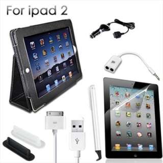 in 1 Accessory Bundle Car Charger+Film+Stylus+Leather Case For iPad 