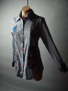 Chambray Indie Western Country Patchwork Plaid Cotton Button Down Top 