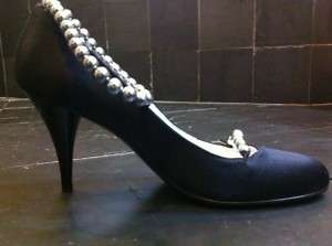 Chanel Black Satin And Pearl Anklet 38.5 8 1/2 Womens Shoes Heels 