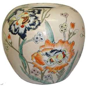  Round Oriental Melon Jar Vase   Hand Painted Porcelain 