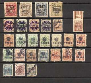 Stockpage with 27 stamps of Poland with various porto overprints 