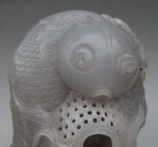 Old Chinese Kunlun Jade Carved Fish Brush Pot  