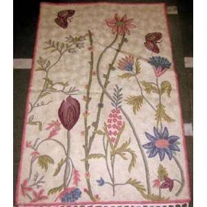  Crewel Rug Floral Vine Butterfly Multi Chain Stitched Wool 