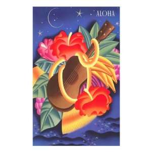 Graphic of Ukulele and Tropical Flowers, Aloha Premium Poster Print 