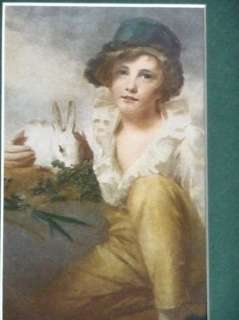Vintage Print, Boy With Rabbit, Matted Ready for Frame  
