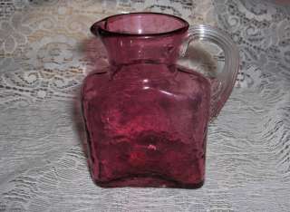   Hand Blown Art Glass Crystal Cranberry Pitcher Clear Handle  