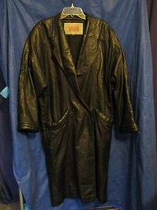 Vtg 80s CLOUT FASHIONS Leather Trench Coat DOUBLE BREASTED sz XL Goth 