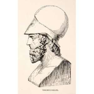 1886 Wood Engraving Themistocles Helmet Bust Sculpture Athens Greece 