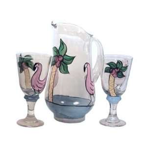   Painted Pitcher & Glasses Set. Features Flamingos & Palm Trees. Made